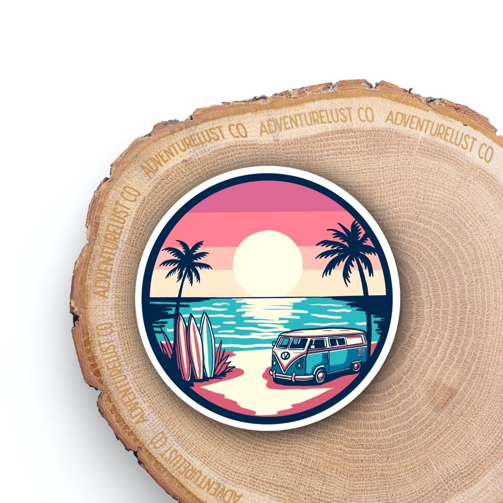 California State Beach Shore Van and Surf Boards with Palm Trees during Sunset Laptop Water Bottle Sticker Decal — Adventurelust