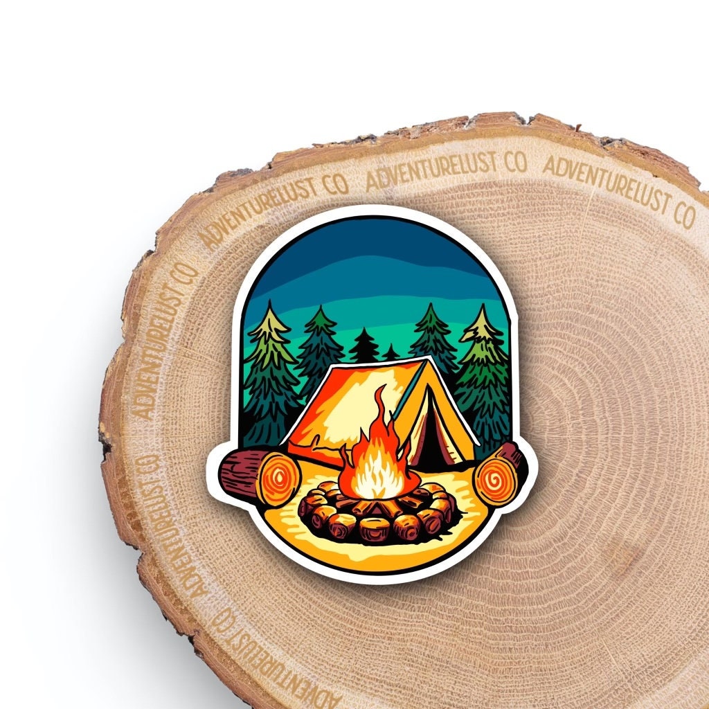 Cozy Campfire Camping Tent in the Woods Water Bottle Laptop Sticker Decal