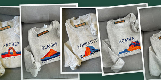 Embroidered national park crewnecks, each one stitched to order