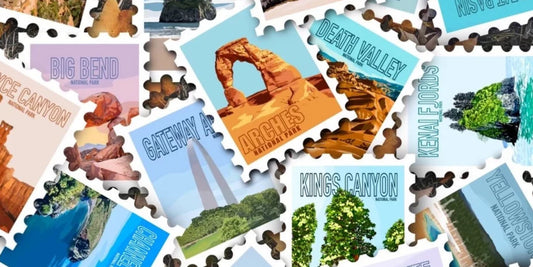 Hand-drawn national park stamp stickers — Arches, Death Valley, Kings Canyon and more